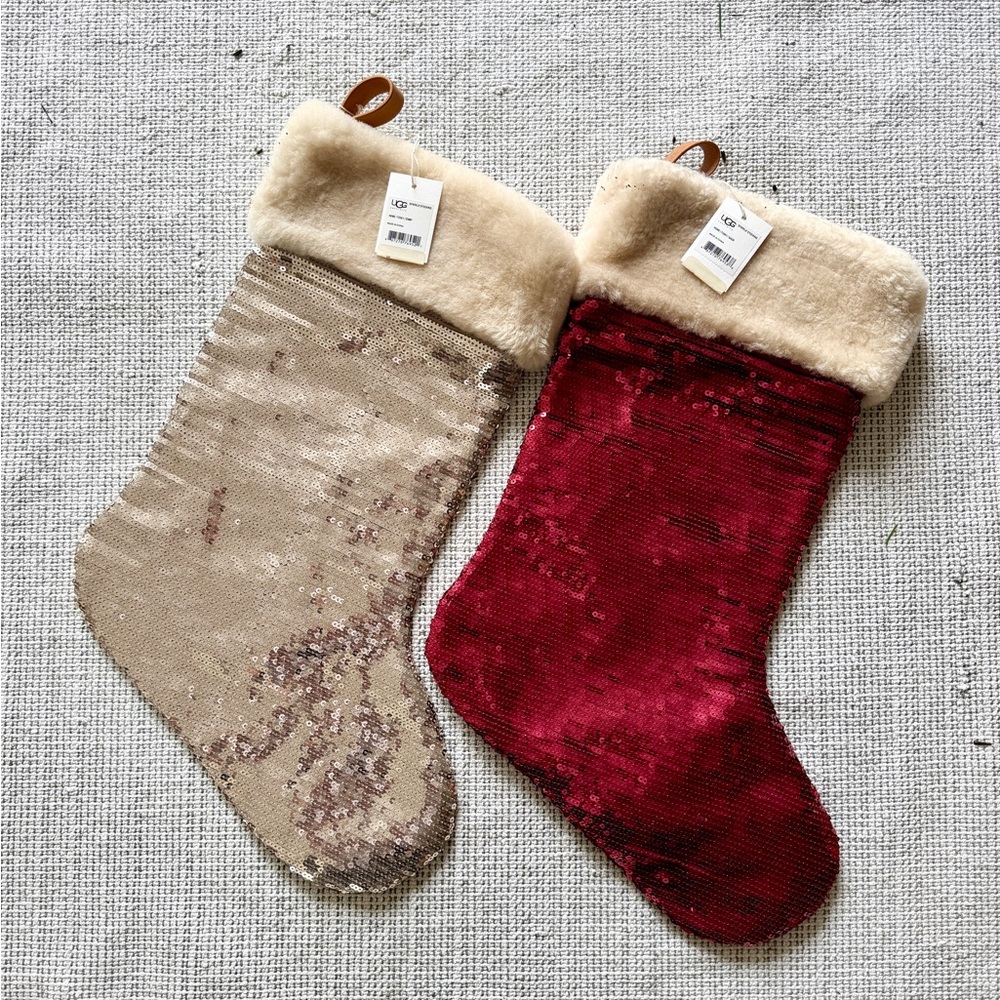 UGG Sheepskin and Sequin Sangria Red and Champagne Holiday Stockings NEW!
